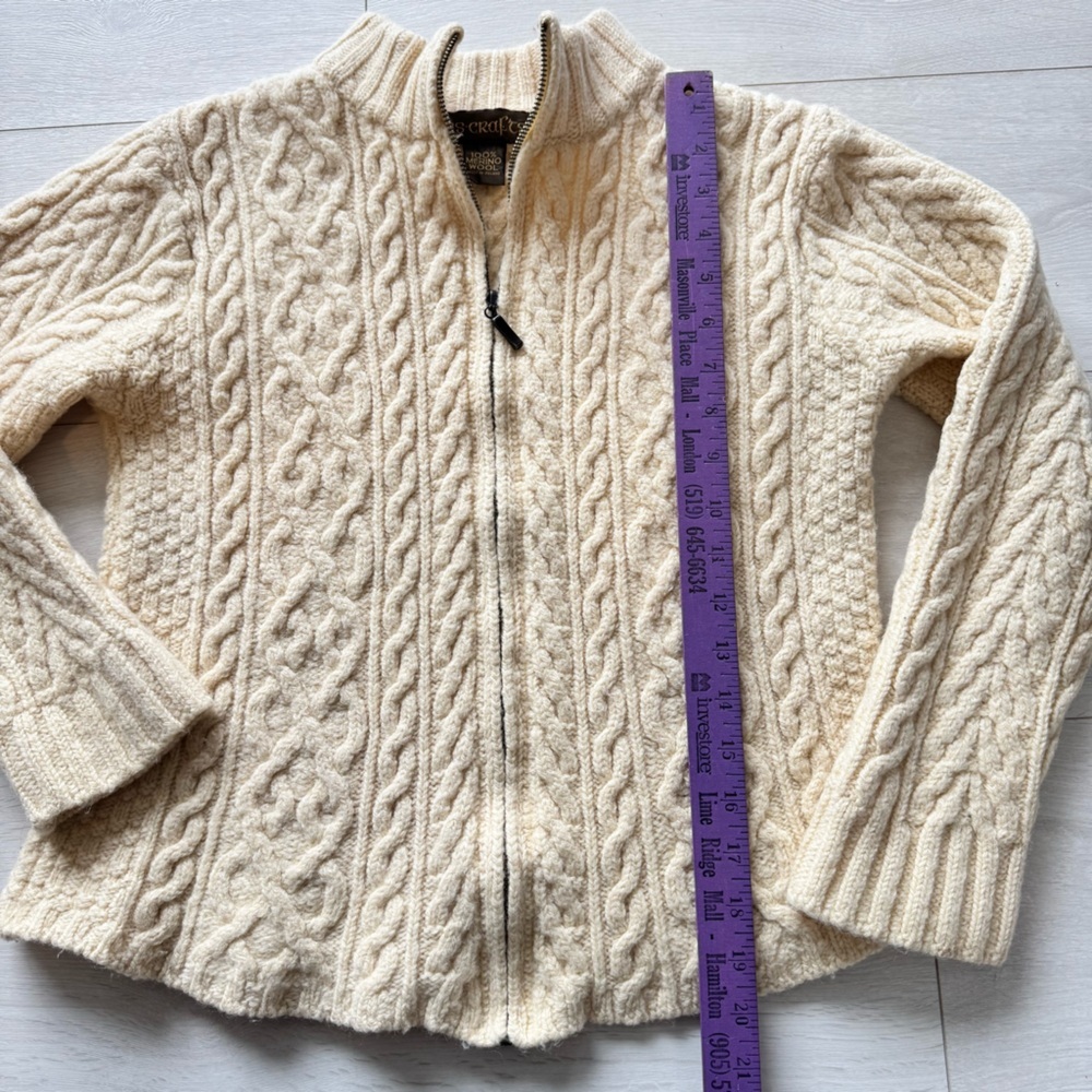 Irish Crafts Zip Up Cable Knit Fitted Sweater Merino Wool Made in Ireland - Picture 4 of 6